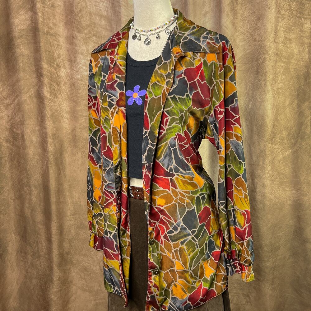 Vintage Renaissance Top Floral Stained Glass Print Multicolor Button Up Medieval